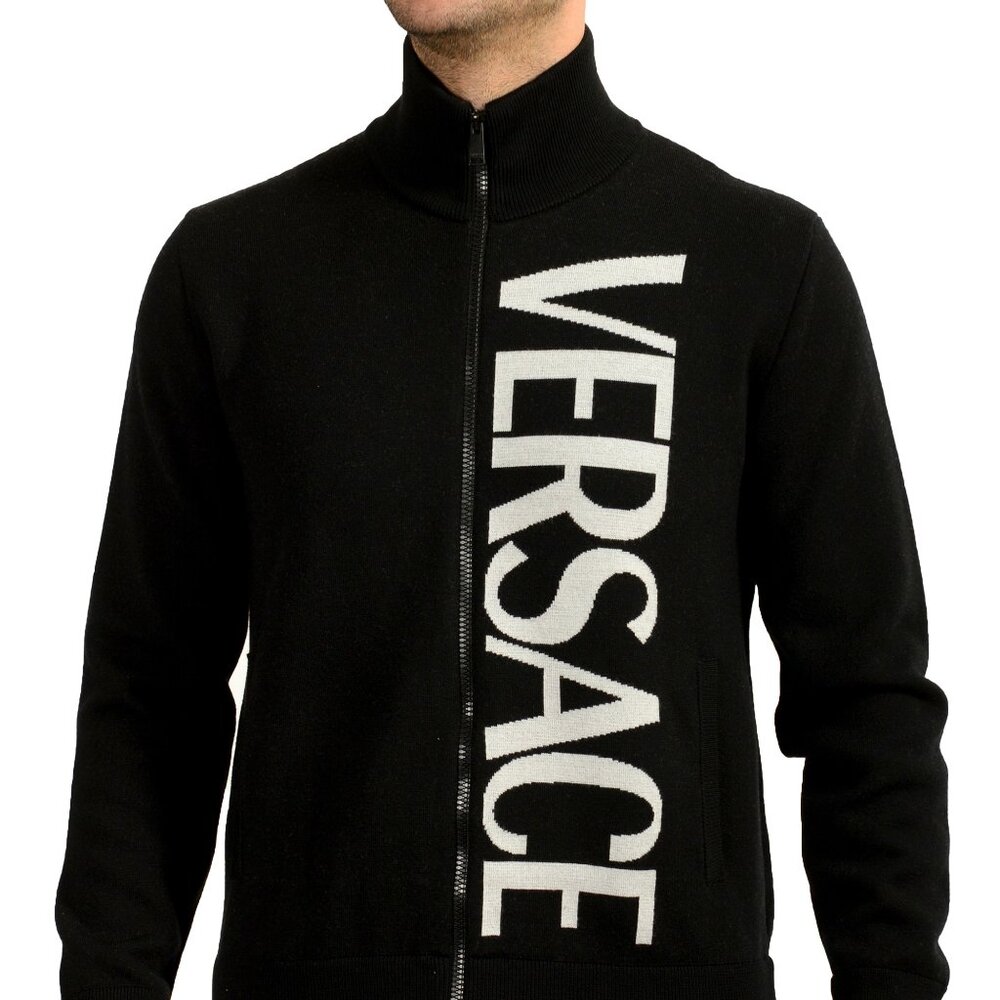 Versace Men's Wool Knitted Logo Print Full Zip Cardigan Sweater US 2XL IT 56